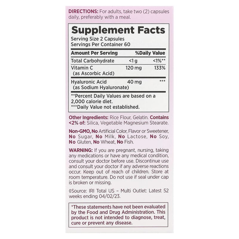 Hyaluronic Acid Plus Vitamin C, 120 capsulas - Nature's Bounty.