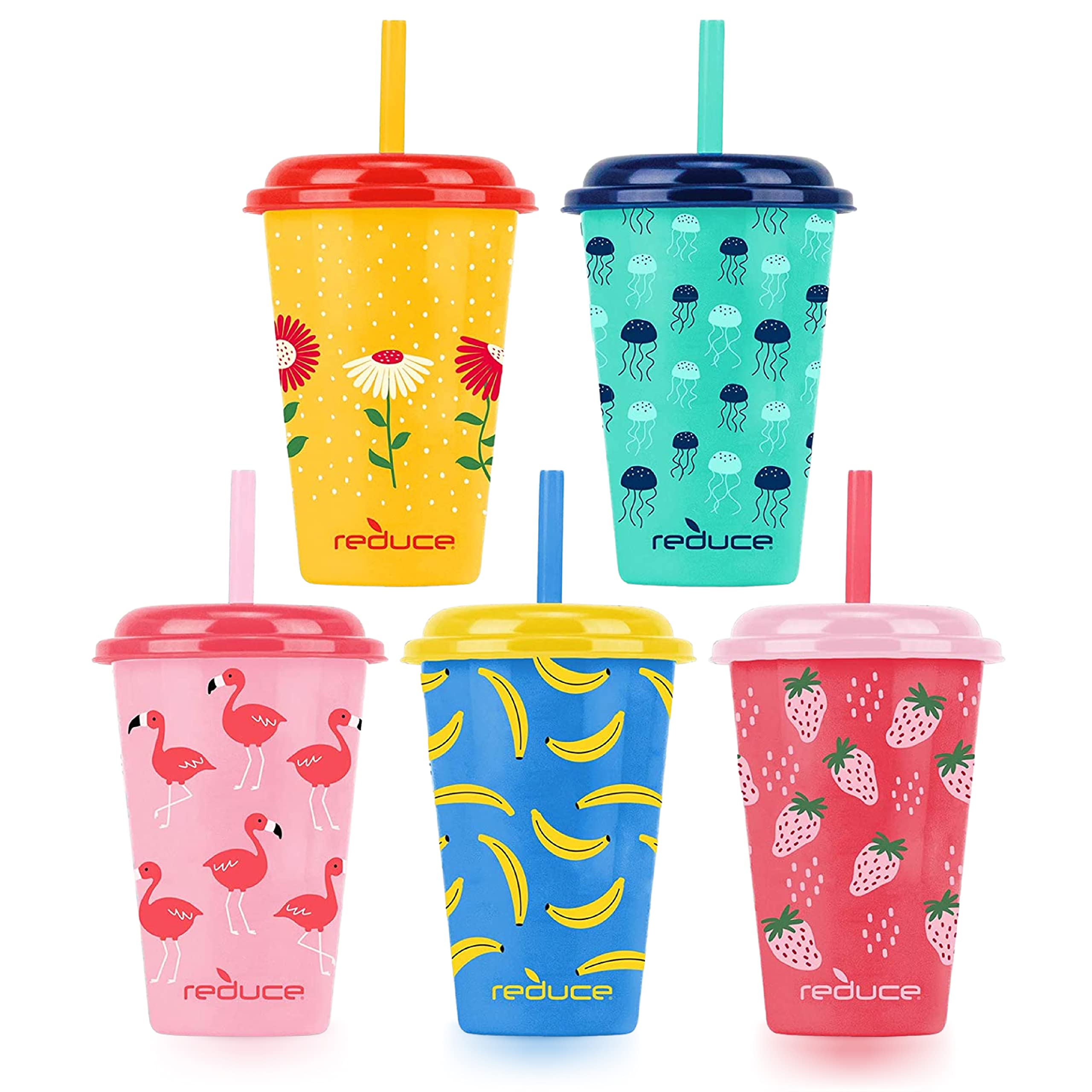 GOGO'S 12 OZ TUMBLER 5 PK - KID CUPS WITH LIDS AND STRAWS/ STRAWBERRY BANANA - REDUCE.