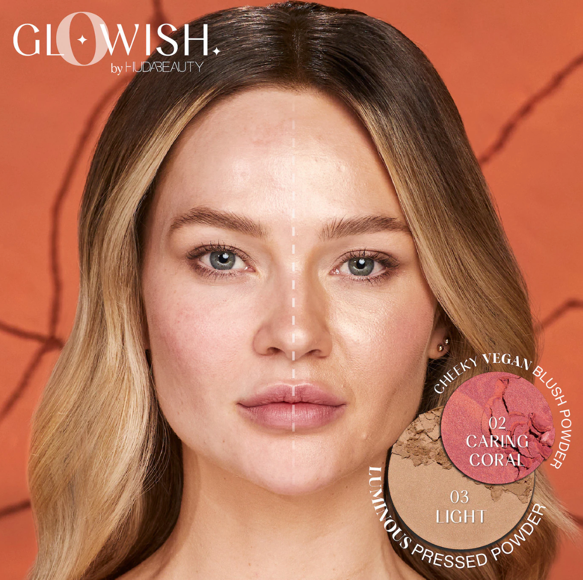 GloWish Cheeky Vegan Soft Glow Powder Blush/ 02 Caring Coral- Huda Beauty PREVENTA.
