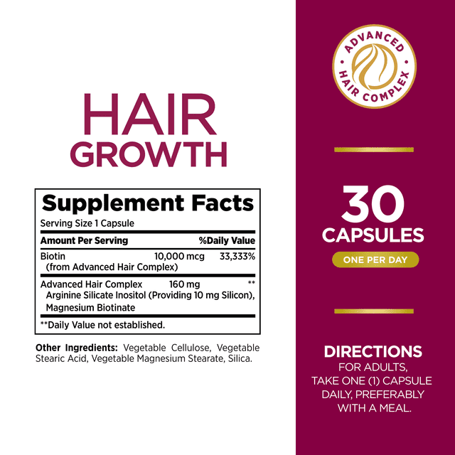 Hair Growth suplemento para dama con Biotina, 30 Capsulas - Nature's Bounty.