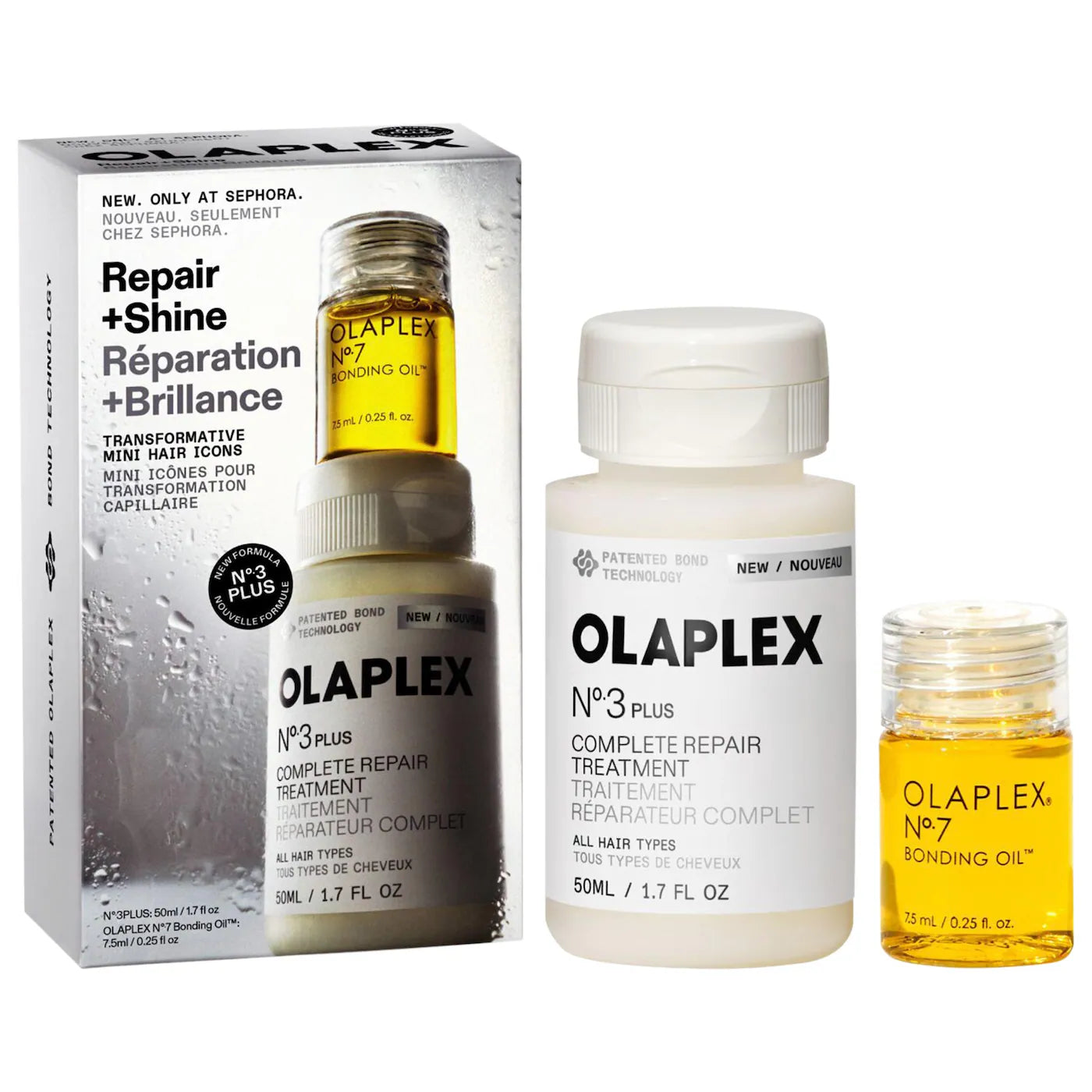 Mini No.3PLUS Bond Repair Treatment and No.7 Hair Oil Set- Olaplex   PREVENTA.