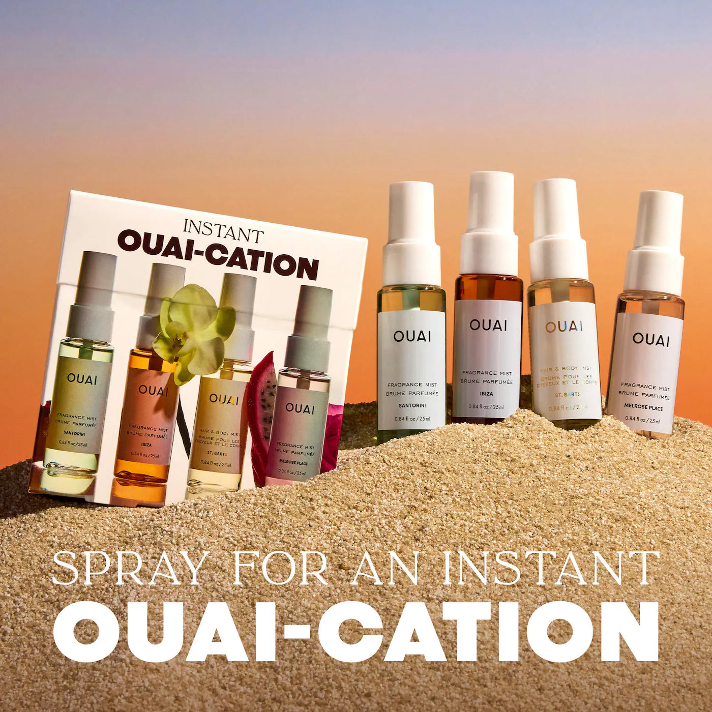 Mini St. Barts, Ibiza, Santorini & Melrose Hair & Body Mist Set - OUAI PREVENTA.